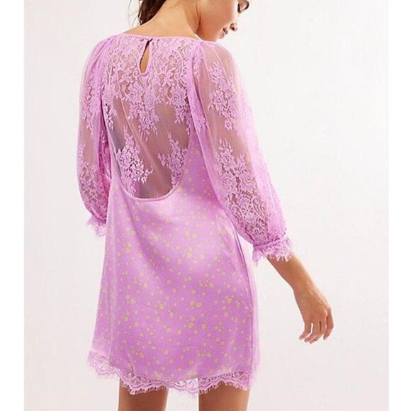 Free People About That Mini Dress Satin in  Iris Combo Lace NEW Size Small - Picture 1 of 12